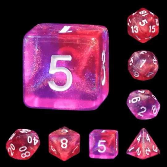 Carbon Stars Dice Set. Purple and Pink Galaxy Glitter DND Dice