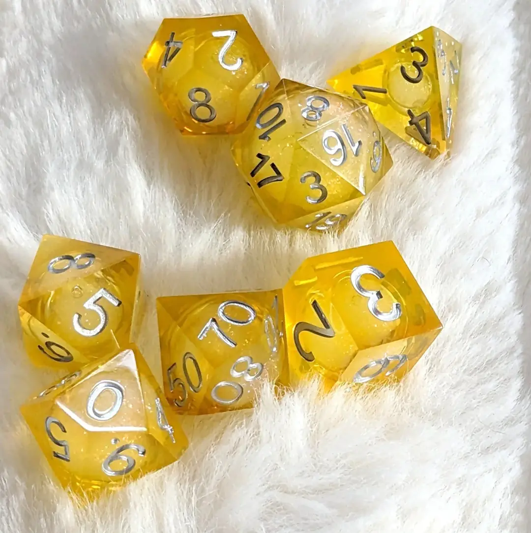 Cutie Lemon Squeezy Liquid Core Dice Set – Sharp Edge Yellow DnD Dice | Fennek & Finch