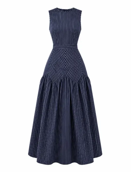 Minimalist Navy Prom Dress ,A-Line High Collar Striped Corset Maxi Evening Dress RS1203