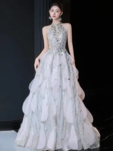 Sequins Sleeveless Tulle Corset Prom Gown ,Sparkly Ivory Maxi Evening Dress RS2062