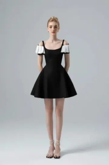 Black design suspenders one shoulder waist slim fit A-line big skirt short skirt homecoming dress R4808