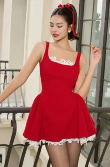 Red suspenders waist slim fit A-line short skirt homecoming dress R4494
