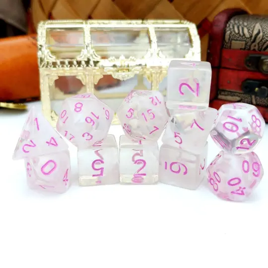 Rosemance Dice Set – 11-Piece Pink Rose Romance DnD Dice