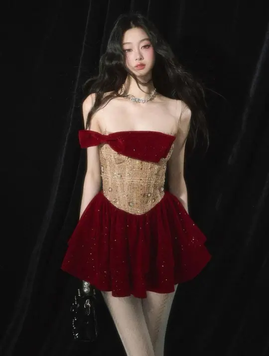 Red one-shoulder tube top sexy waist sequined mini skirt homecoming dress R3544