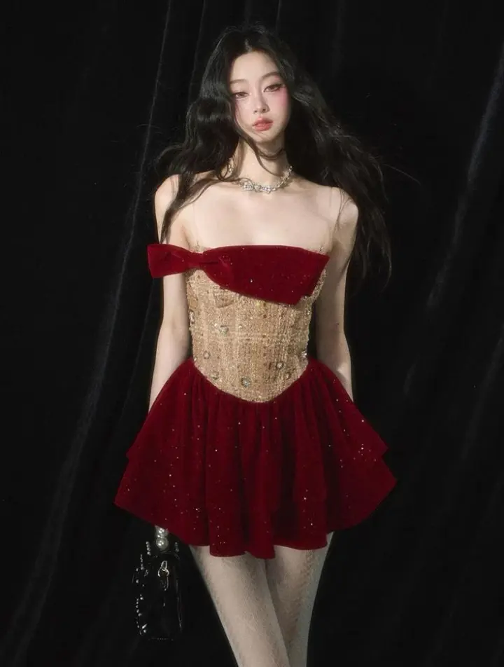 Red one-shoulder tube top sexy waist sequined mini skirt homecoming dress R3544