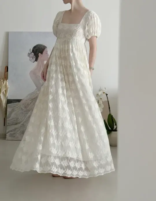 Light apricot square-neck lace puff-sleeve long elegant prom dress R7982