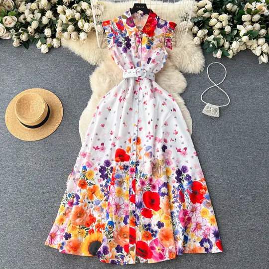 European and American retro palace style shirt dress sleeveless waist slim floral dress R2288