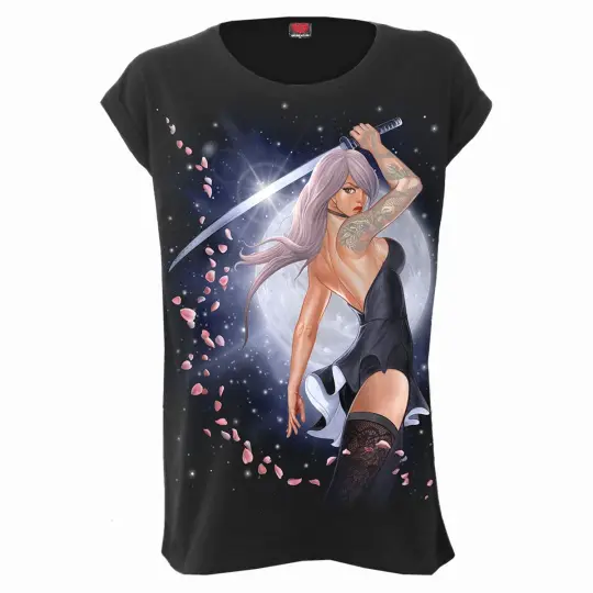 KATANA MOON Turnup Sleeve Loosefit Tee - Gothic Samurai T-Shirt
