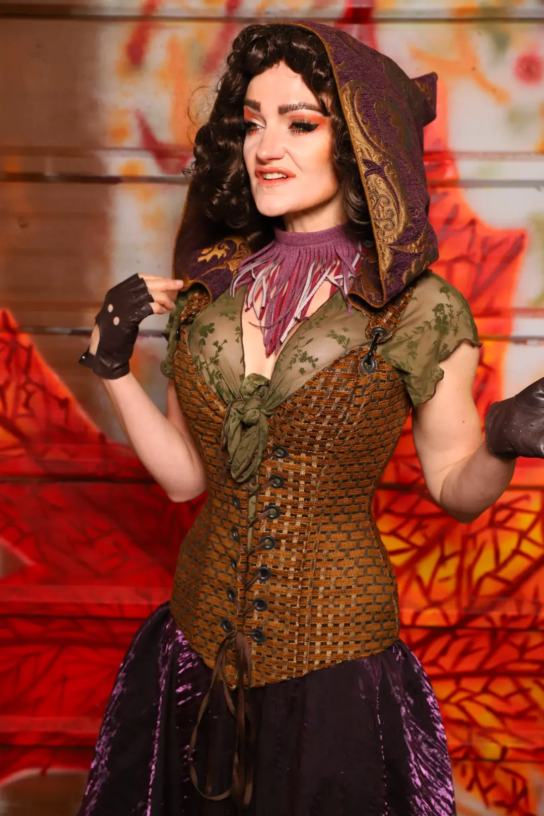 01. Courtier Corset in Beaver Upholstery *with Plum & Gold Medallion Hood* - The Fall Fabulosity! Collection
