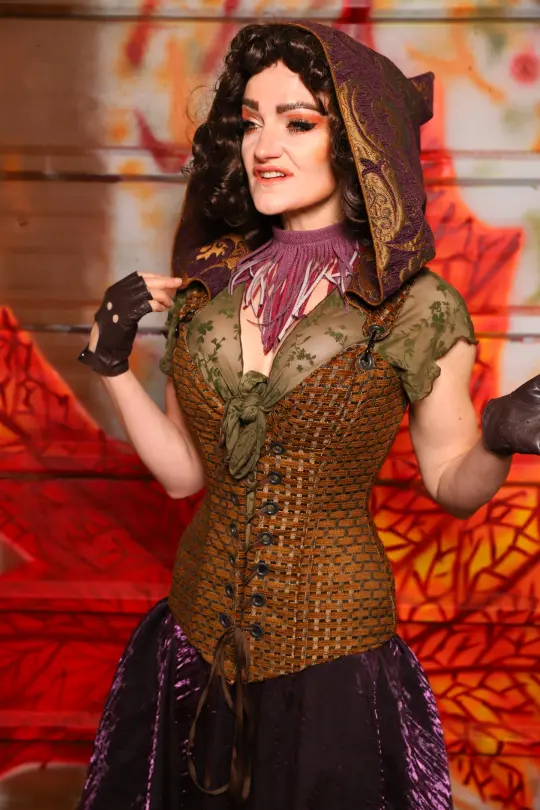 01. Courtier Corset in Beaver Upholstery *with Plum & Gold Medallion Hood* - The Fall Fabulosity! Collection