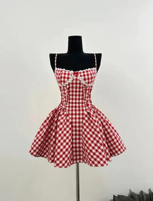 Charming Red Plaid Homecoming Dress ,A-Line Spaghetti Straps Short Prom Dress Cami Dress RS955