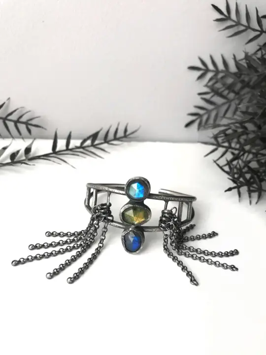 Blue, Green and Purple Labradorite Cuff Bracelet with Fringe