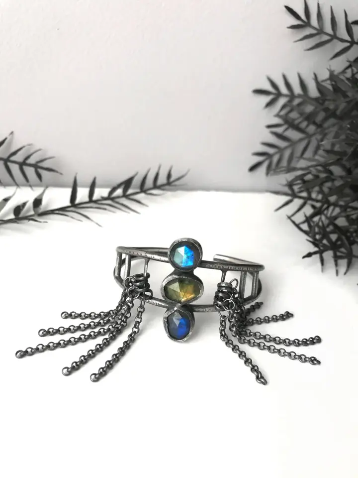 Blue, Green and Purple Labradorite Cuff Bracelet with Fringe