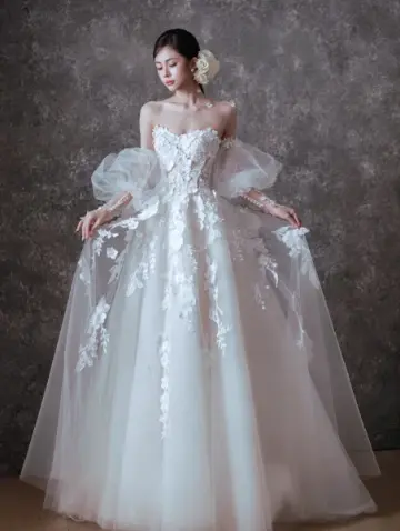 Puffy White A-Line Strapless Tulle Embroidered Hazy Corset Maxi Wedding Dress RS2064