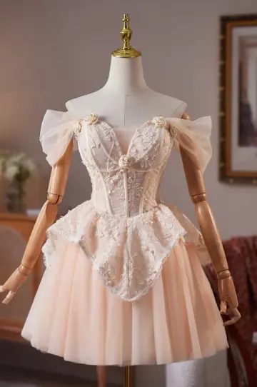 Cute Champagne A-line Bateau Lace Embroidery Corset Mini Birthday Dress Homecoming Dress RS510