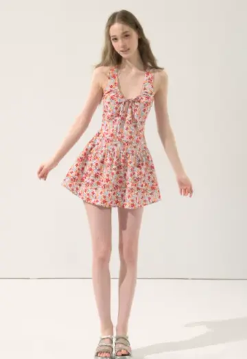 Red Floral Halter Mini Dress With Bow Detail And Flounce Skirt R9281