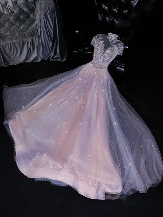 Light purple sequined fitted long ball gown with a cinched waist and full skirt R8735