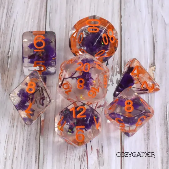Purple Baby's Breath Dice Set Orange Font – 7-Piece Floral DnD Dice