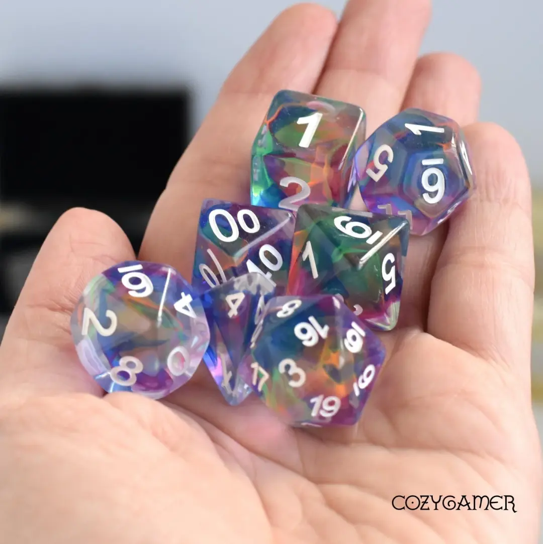 Fairy's Tale Dice Set – 7-Piece Clear Resin Colorful Shavings Translucent DnD