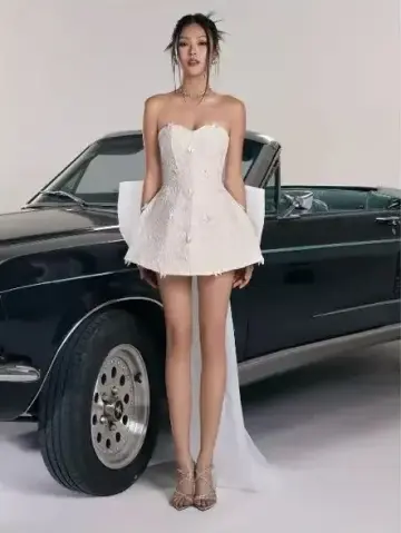 White tube top waist slim fit A-line princess skirt back bow design short skirt homecoming dress R4777