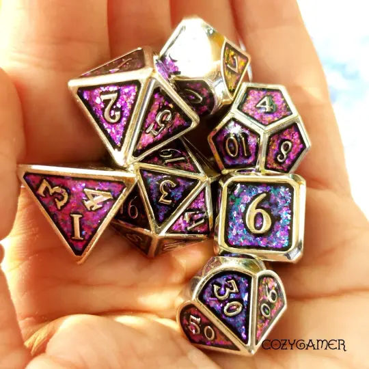 Purple Blue Gold Color Shifting Glitter Metal Dice Set with Silver Trim