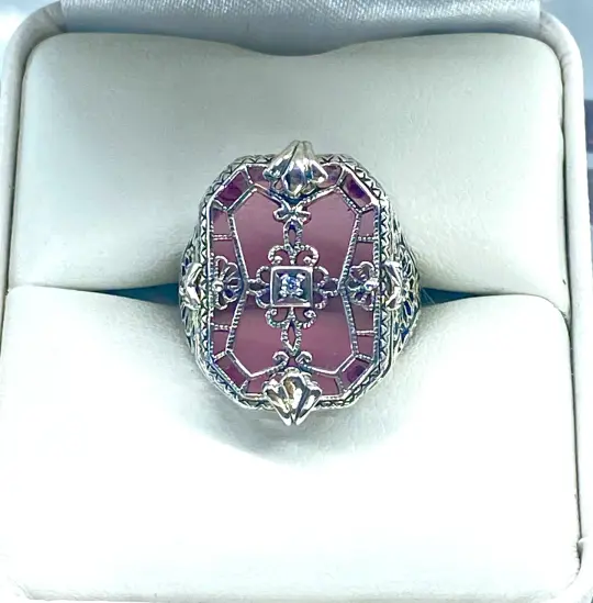 Rose Camphor Glass Ring, Size 6, Rose-Pink Camphor Glass with Moissanite Inset Gem, Art Deco Jewelry #D203 - Ready to Ship