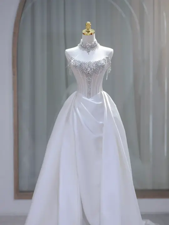 White tube top diamond waist fish bone top satin skirt long dress bridal dress R5850
