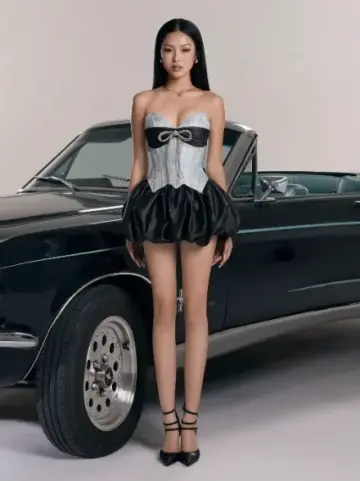 Light blue tube-top slim-fit top with bud skirt and short skirt for homecoming dress R4820