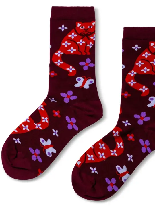 Floral Cat Crew Socks - Small