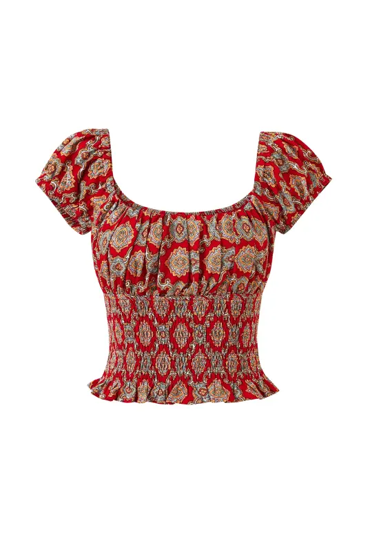 Soft Linen Smocked Waist Blouse Fancy Red Couch