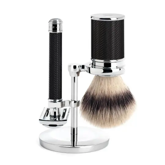 MÜHLE TRADITIONAL 3 Pc. Shaving Set, Silvertip Fibre® Brush & Safety Razor, Metal, Black, Open Comb