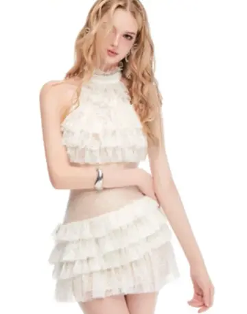 White halter neck waist cake tutu skirt homecoming dress R4384