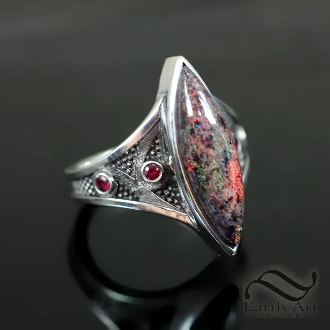 Navette Andamooka Opal ring in Sterling Silver