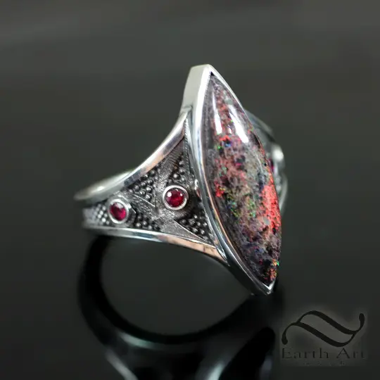 Navette Andamooka Opal ring in Sterling Silver
