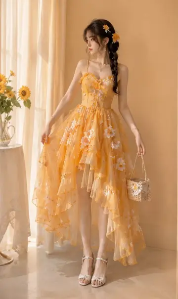 Vibrant Yellow Prom Gown , Pretty Applique Hi-Lo Party Dress Summer Dress RS1314