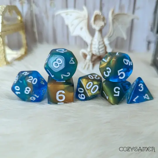 Blue Beaches Marbled Dice Set – 7-Piece Blue Gold Acrylic DnD Dice