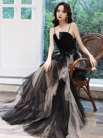 Elegant Black A-Line Spaghetti Straps Long Dress with White Tulle Evening Dress Party Dress RS036