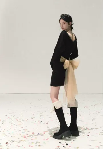 Black V-Neck Long Sleeve Mini Dress with 3D Floral Trim and Large Tulle Bow at Back R9370