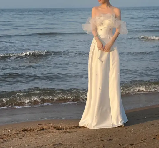 White one‑shoulder, waist‑cinched satin elegant long prom dress R7968