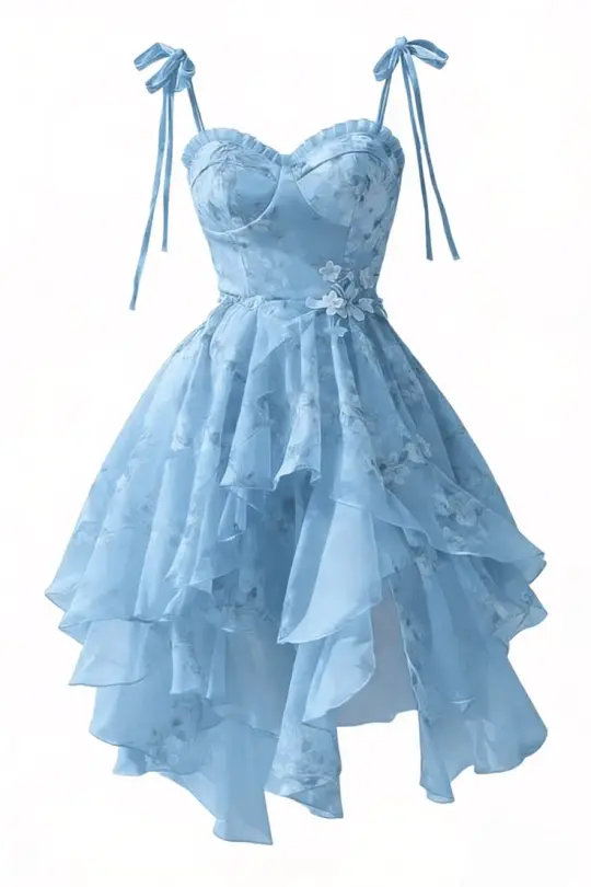 French Retro Floral Pale Blue A-Line Spaghetti Straps Bodycon Mini Dress with Asymmetrical Hem Homecoming Dress RS228