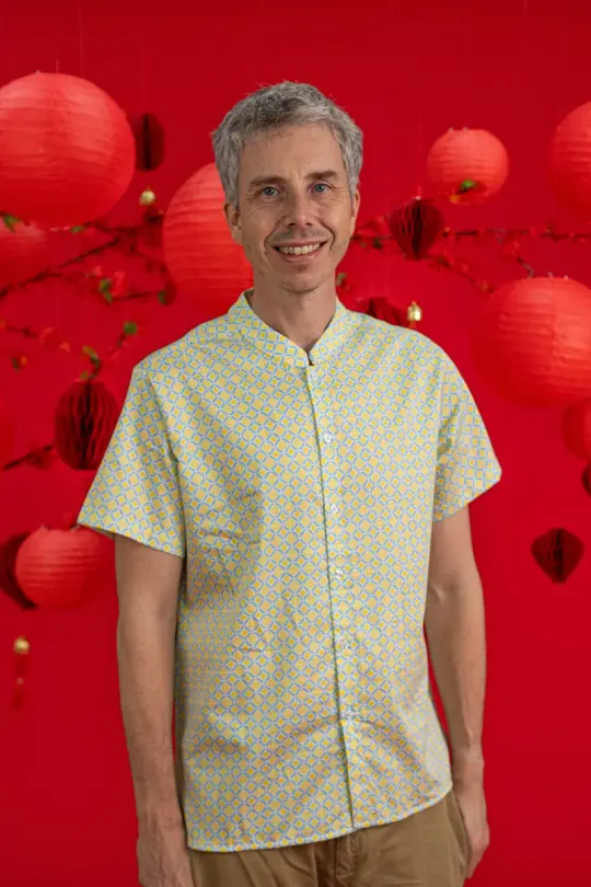 Men's Mandarin-collared Shirt - Yellow Blue Mosaic