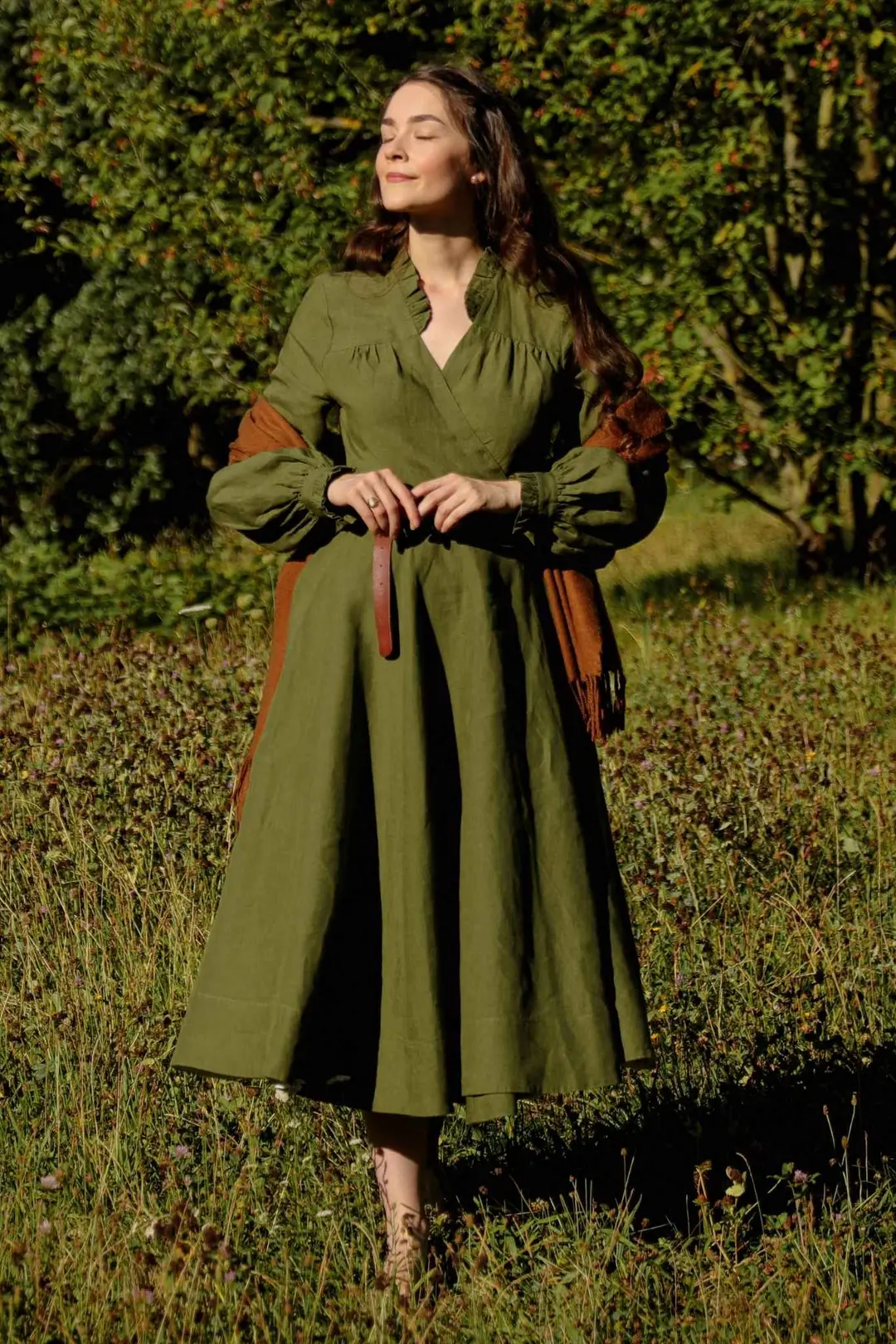 Darcy – Linen Wrap Dress with Ruffled V-Neckline