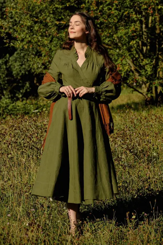 Darcy – Linen Wrap Dress with Ruffled V-Neckline
