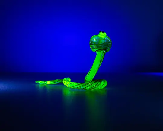 Bronze Uranium Snake Cobra figurine glowing Murano animal UV reactive sculpture neon green art decor