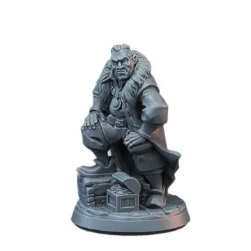 A highly detailed greyscale 3D digital render of a fantasy merchant miniature against a white background. The smooth digital lighting emphasizes the man's confident, slightly smug expression, slicked-back hair, thick fur collar, and large medallion. He stands with one hand on his hip and one foot propped on a wooden crate, with a small, open treasure chest full of coins displayed on the stone base below him.