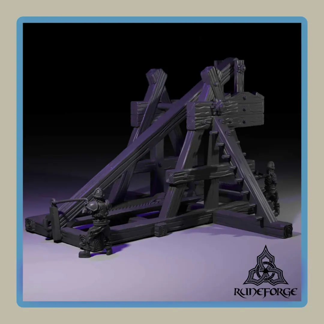render of 28mm miniature skeleton crewed counterweight trebuchet
