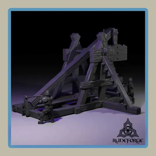 render of 28mm miniature skeleton crewed counterweight trebuchet