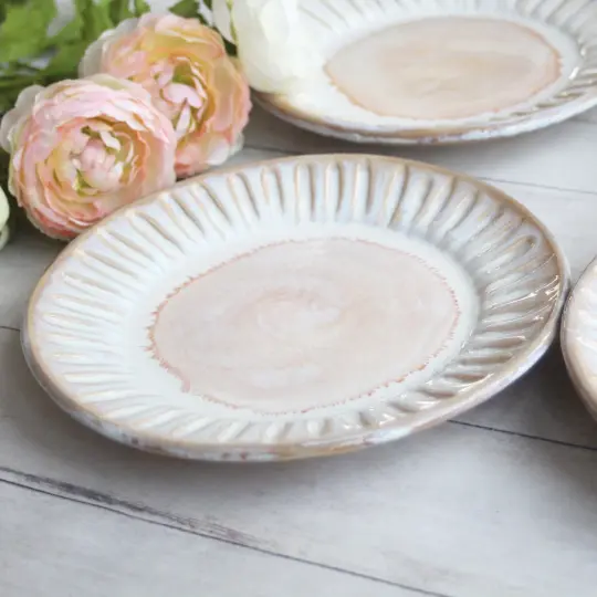 Rustic Hand Carved Side Plates in White and Ocher Glaze, Set of Four Side Plates, Made in USA