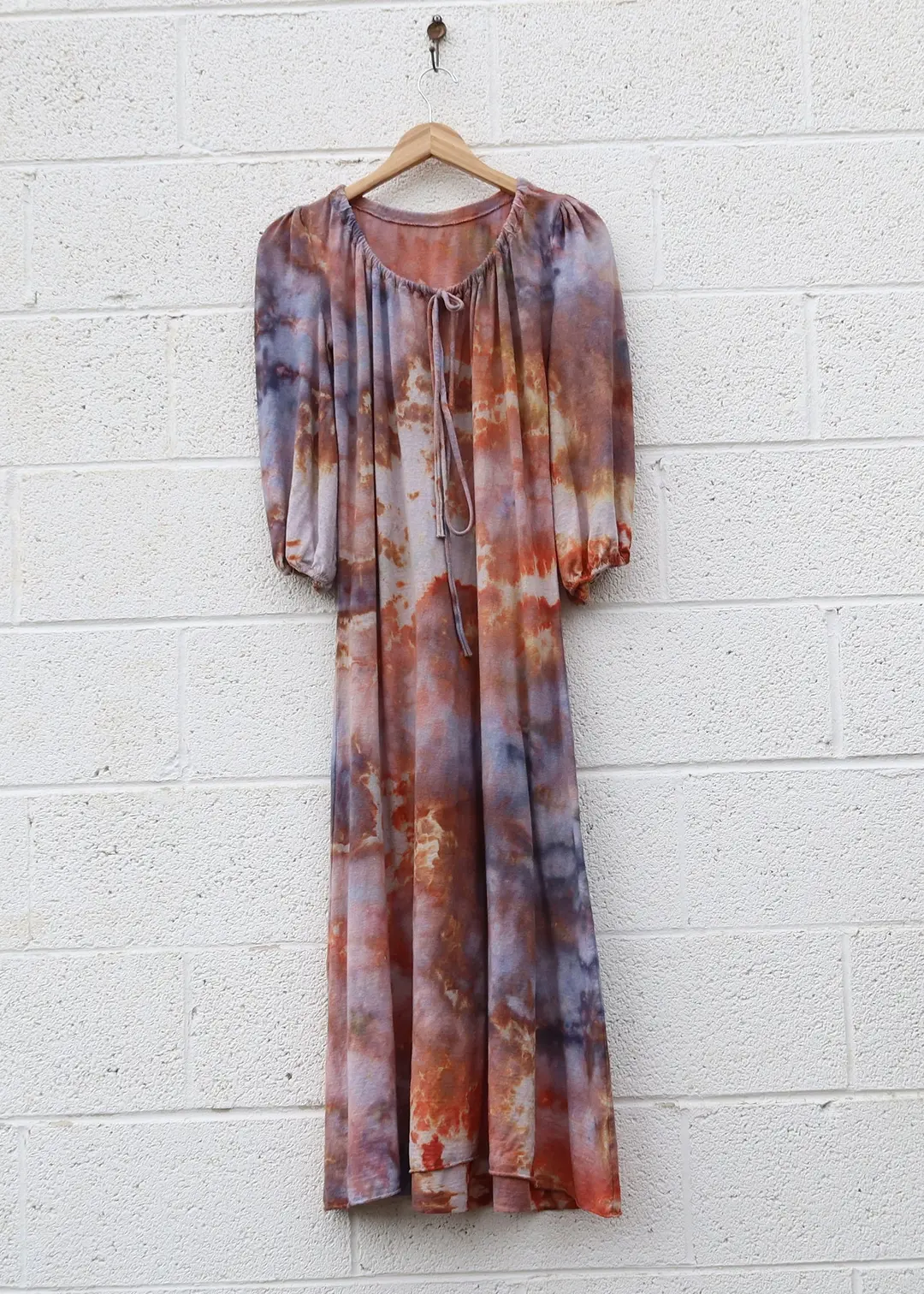 OOAK - Drawstring Collar Puff Sleeve Simplicity Long Dress / S / Light Hemp / Ice Dye (355)