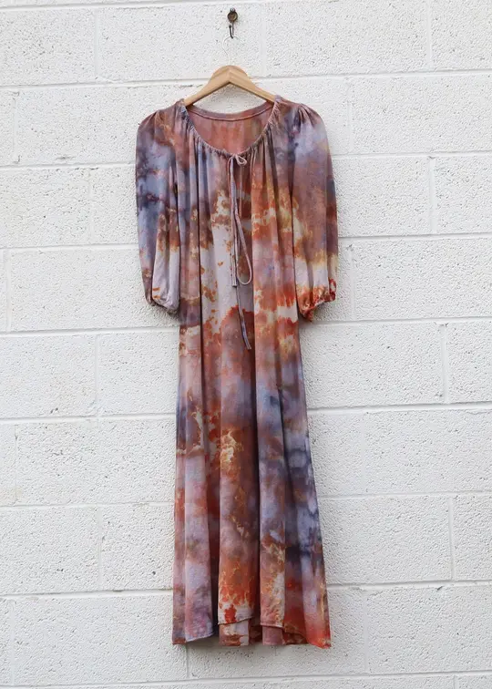 OOAK - Drawstring Collar Puff Sleeve Simplicity Long Dress / S / Light Hemp / Ice Dye (355)